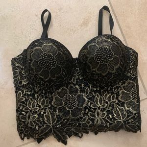 GOLD BLACK CORSET CROP TOP BUSTIER BRA